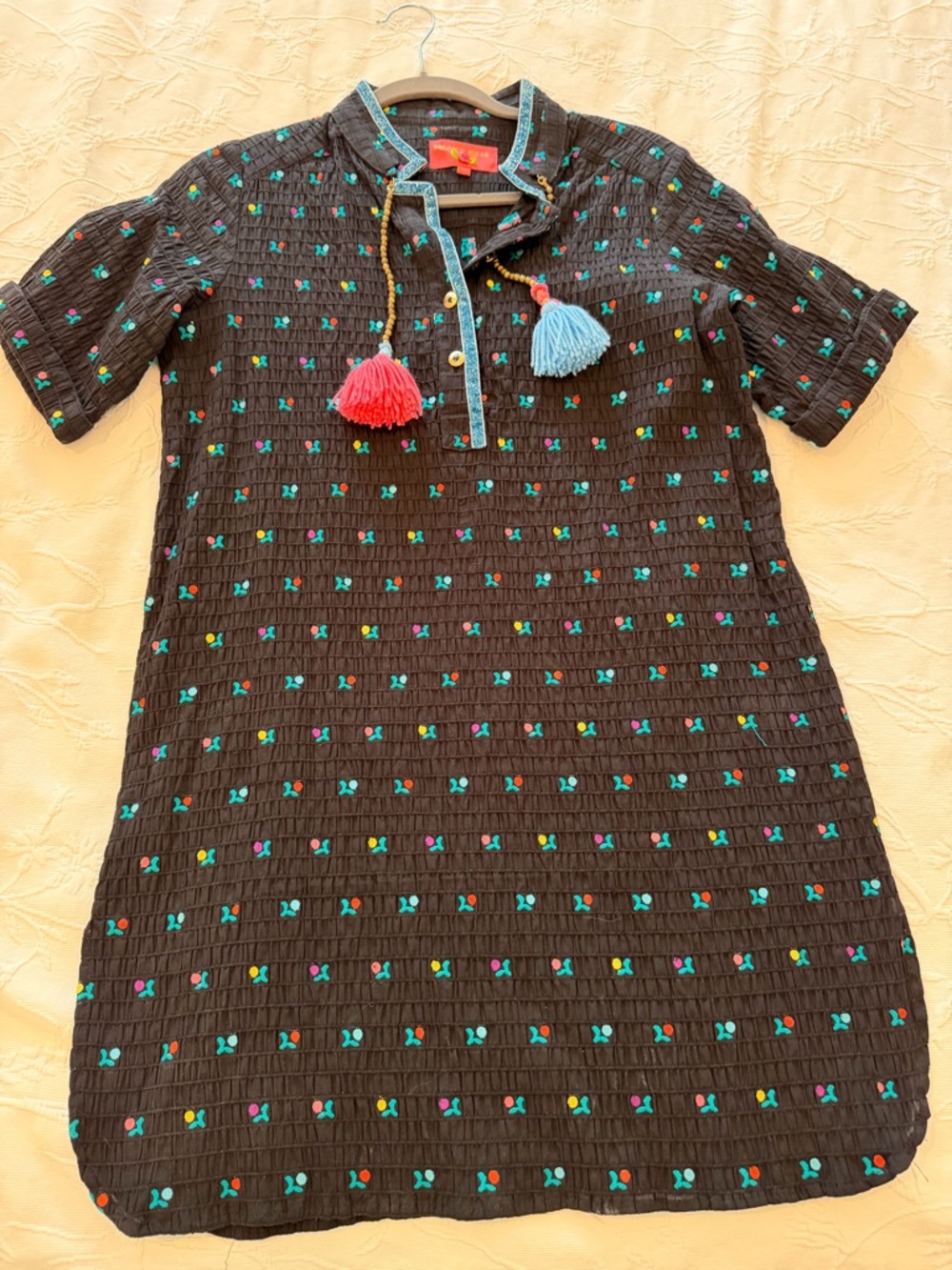 Black Embroidered Short-Sleeve Tunic with Colorful Tassels